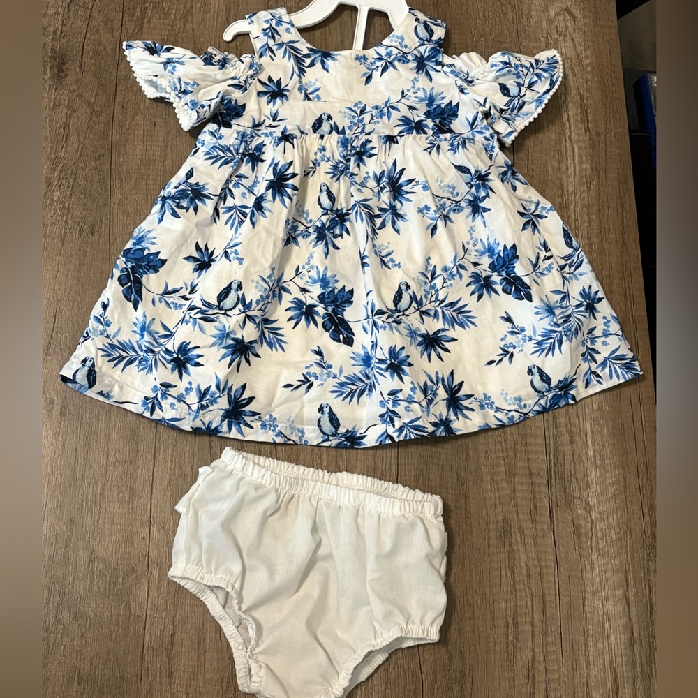 JANIE AND JACK Palm Paradise Dress Blue White Tropical Print Parrot Bird